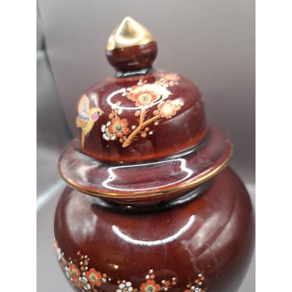8.5" Jar Birds Floral Porcelain Ginger Jar lid Ceramic Shiny Glaze Gold Trim - Picture 5 of 14